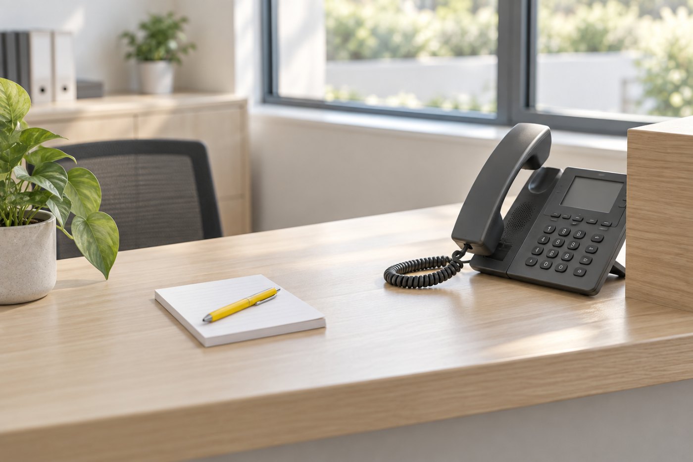 A front-desk phone with the handset just lifted, a notepad and a yellow pen on a light wood counter